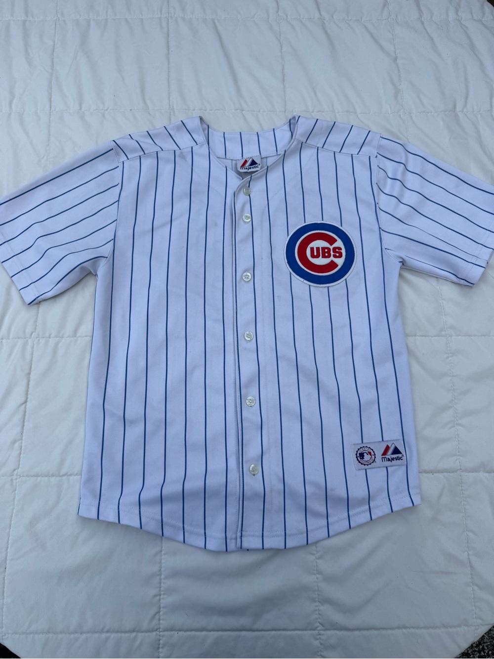Majestic White and Blue Pinstripe Cubs Youth Jersey